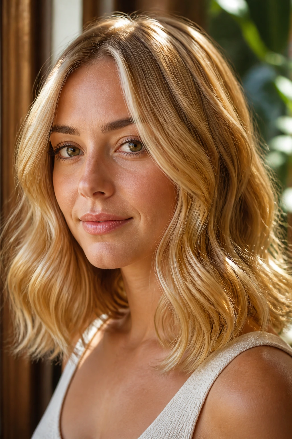 Close-up of a real woman with warm golden blonde glossy waves