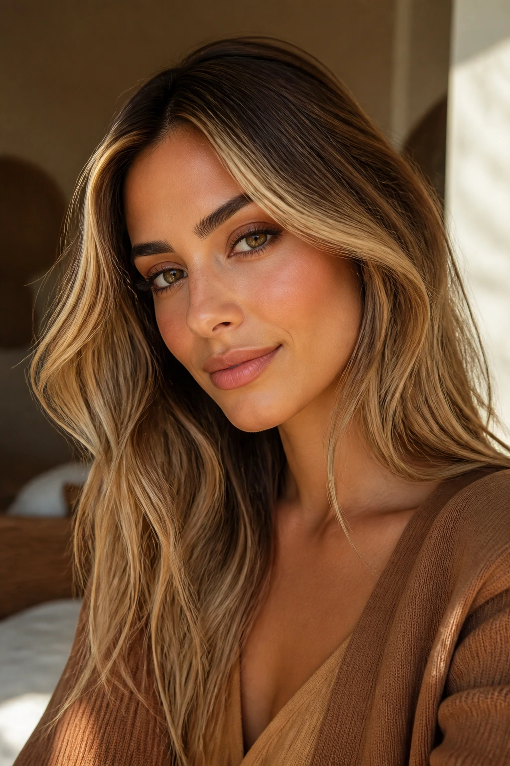 Olive-skinned model with warm blonde hair in flattering makeup and lighting