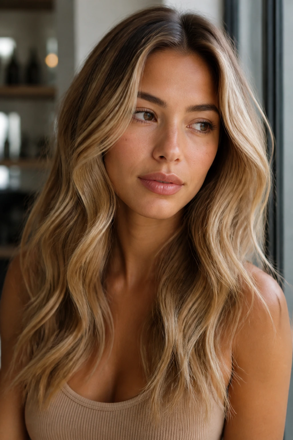 Portrait of person evaluating warm blonde shade against olive skin
