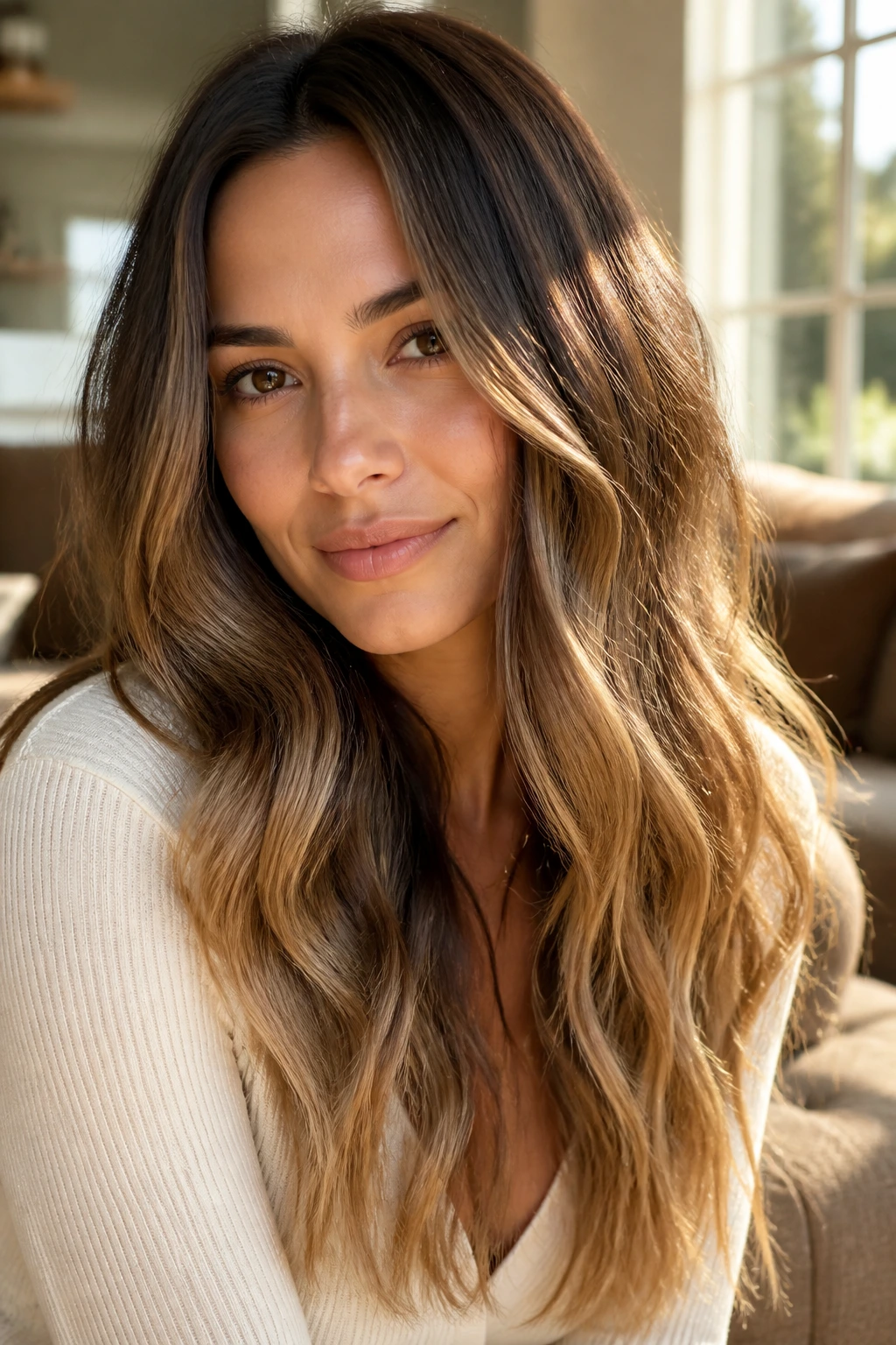 Close-up of real woman with warm bronde melt hair, brunette roots fading to honey caramel ends.