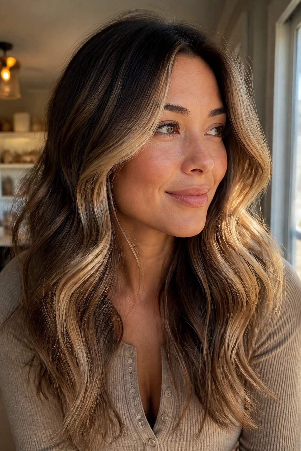 Portrait of real woman with warm bronde melt hair color and face framing