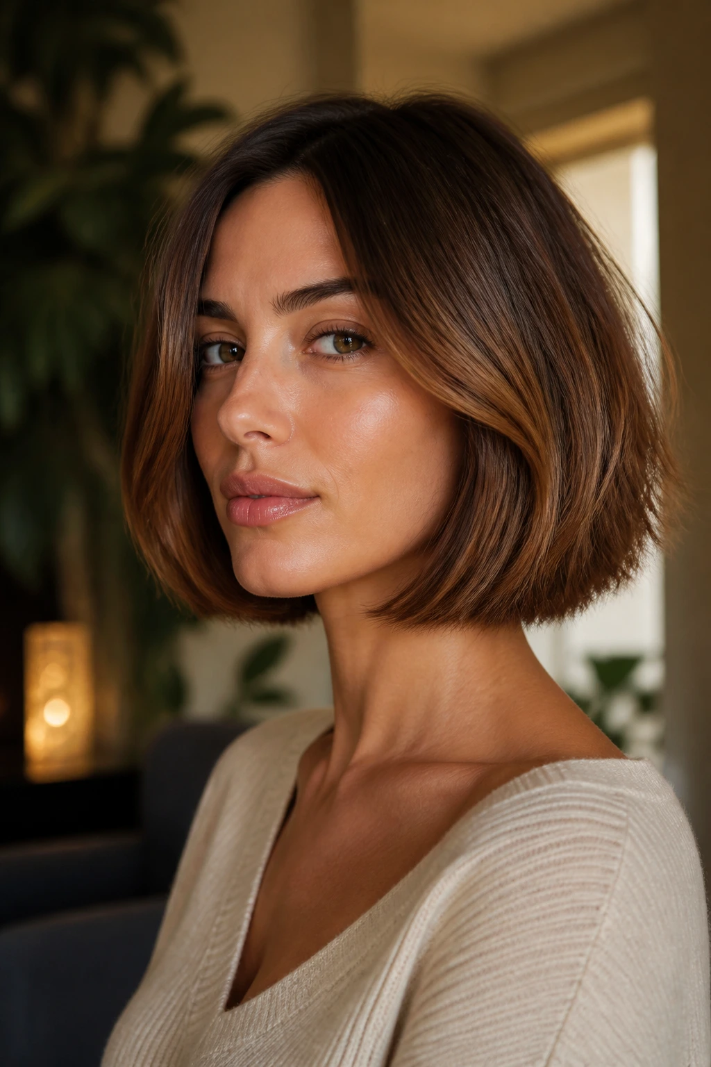 Close-up of a real person with a warm brown bob highlighting chestnut tones.