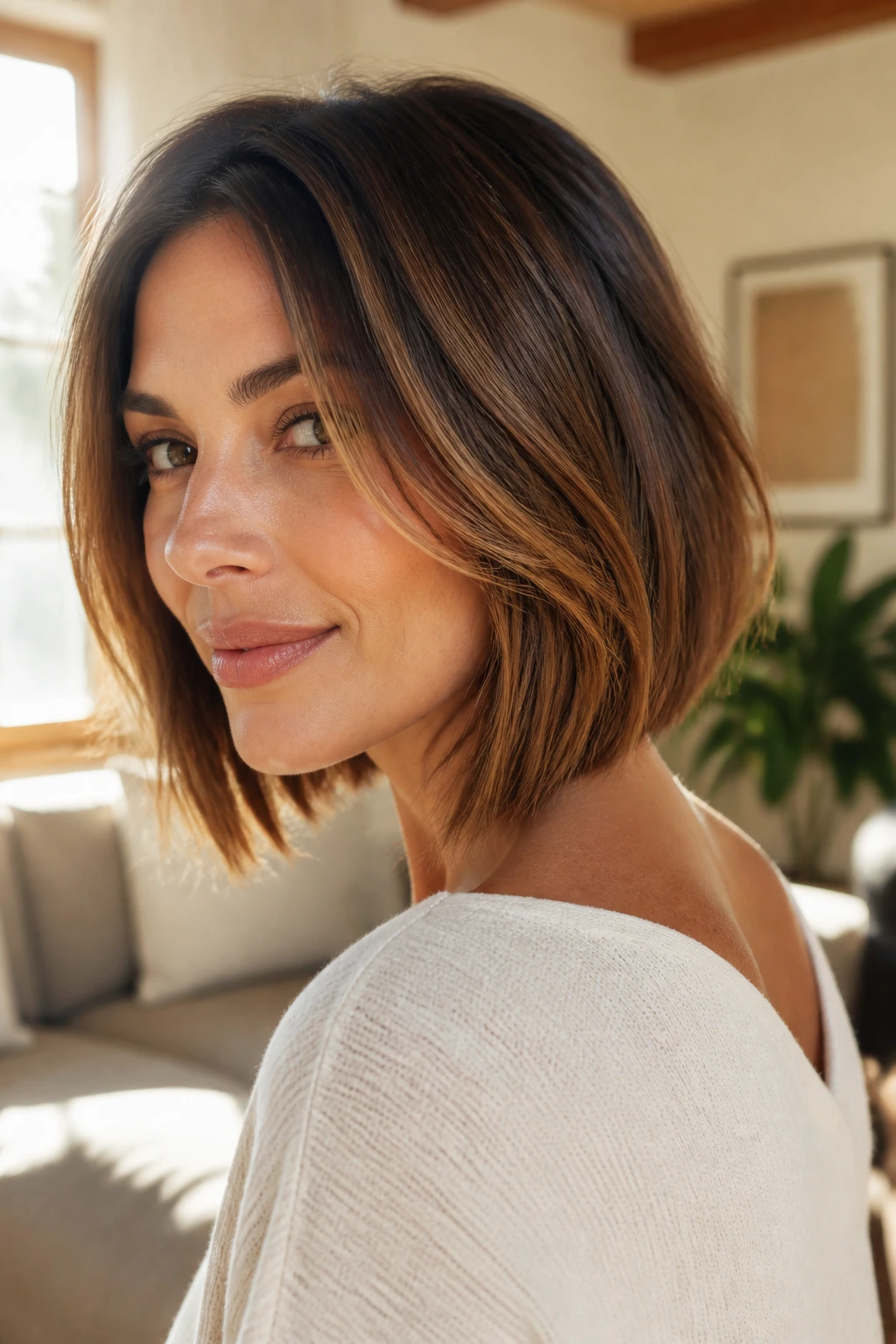 Portrait of a woman with a warm brown bob showing chestnut to caramel tones.