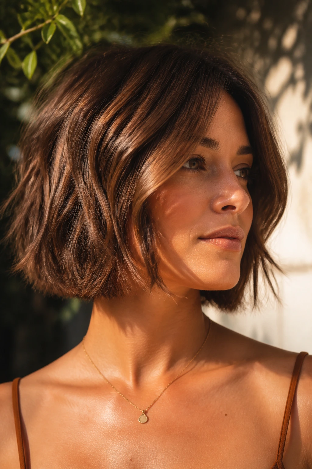 Real person with warm-toned brown textured bob in sunlit outdoor setting