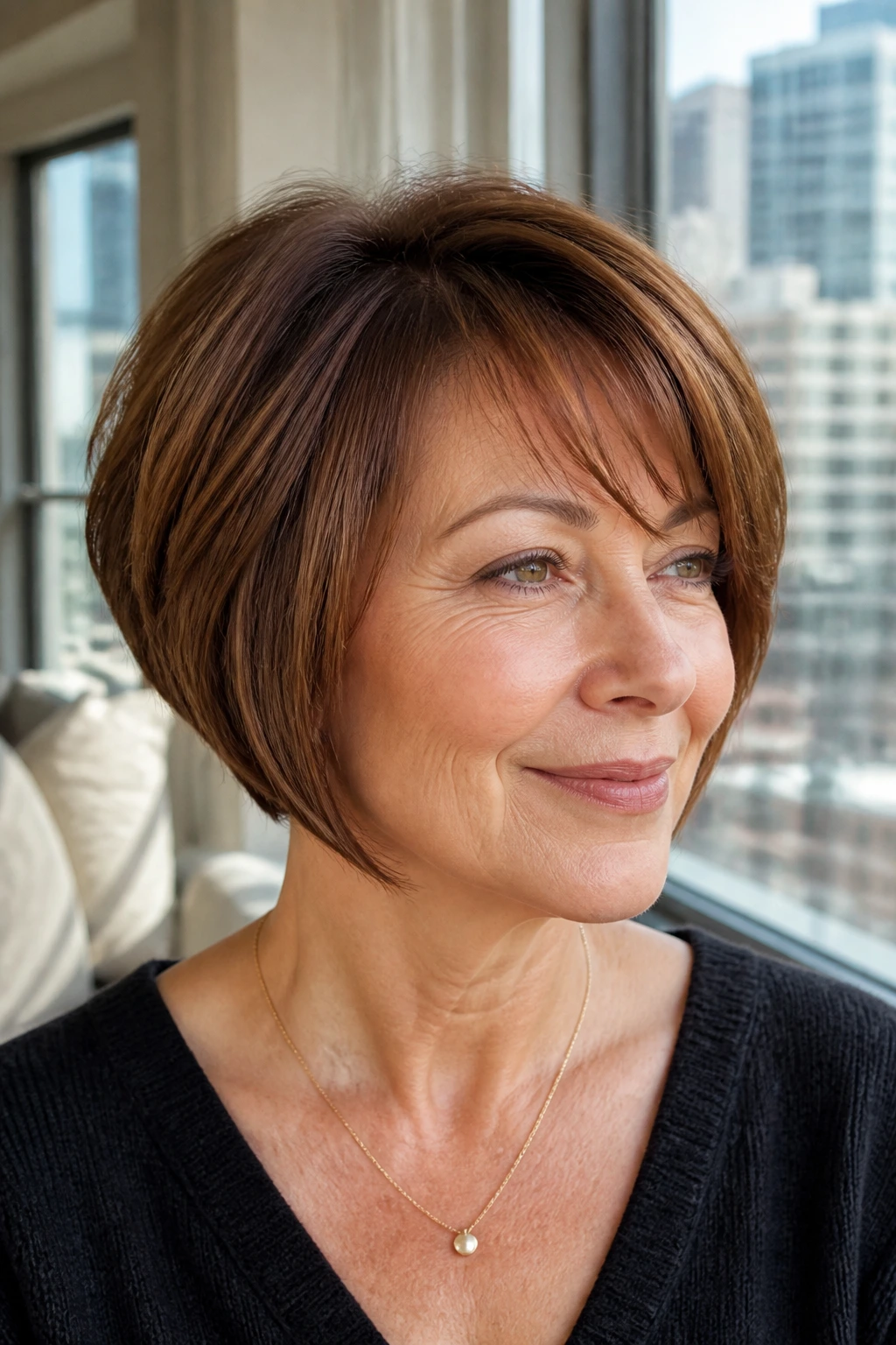 Close-up of a real woman with warm brown wedge bob and side fringe.