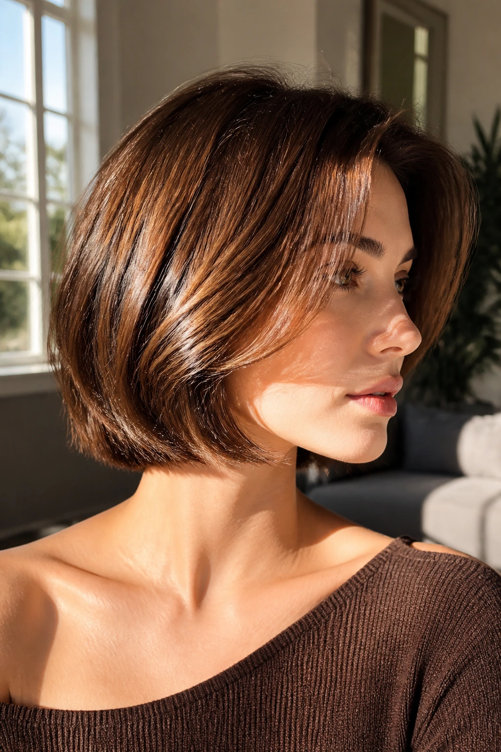 Portrait of a warm brunette bob catching light with copper highlights in golden-hour sunlight.