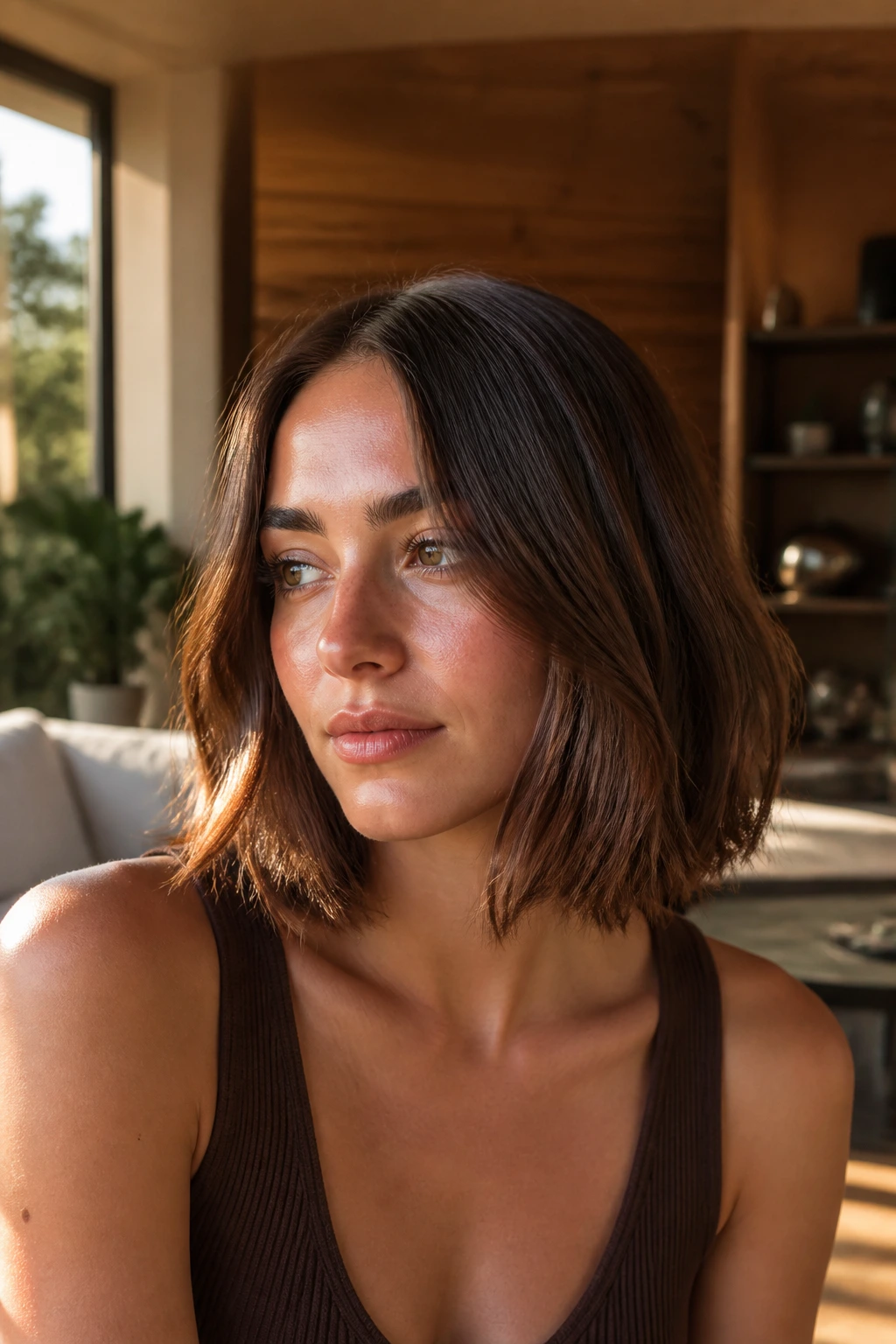 Close-up of a real woman with a warm brunette bob, glossy shine