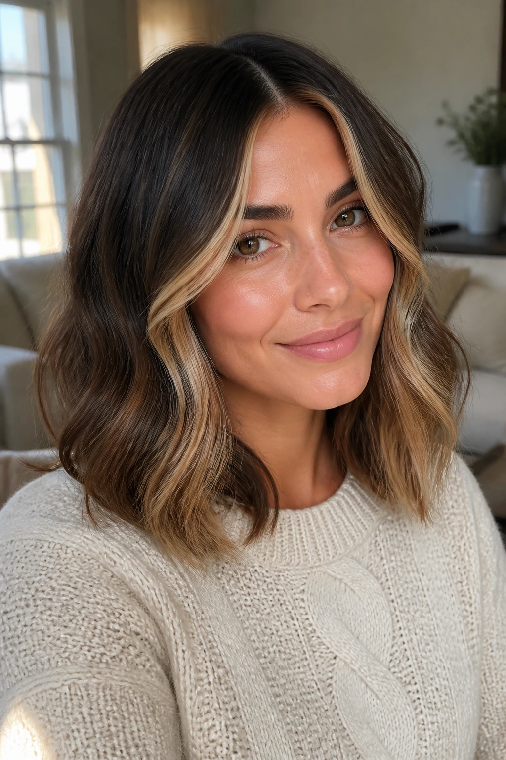 Real woman with warm brunette and buttercream face-framing ombre.