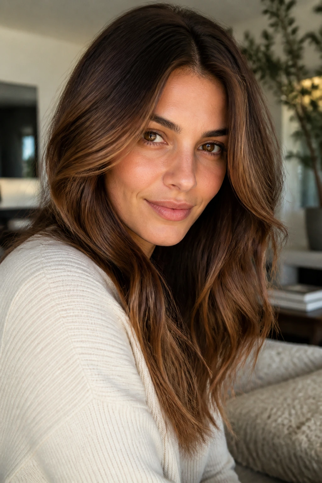 Warm brunette hair with sun-kissed highlights on a real person
