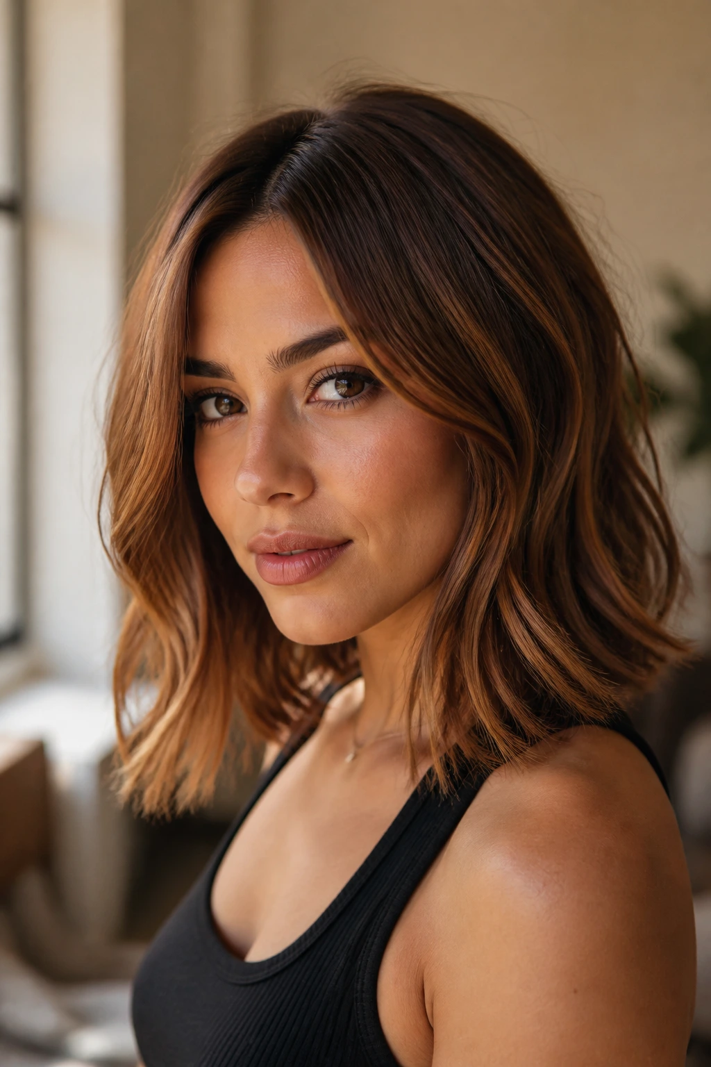 Close-up of real woman with warm caramel chestnut shade on lob hair.