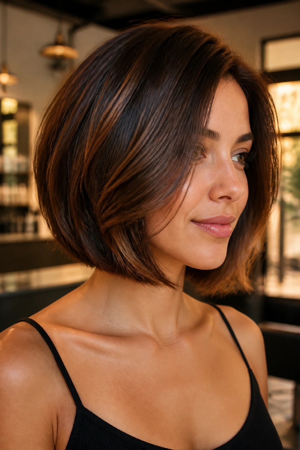 Close-up portrait of a real woman with a brunette bob in warm chestnut caramel tones in a salon.