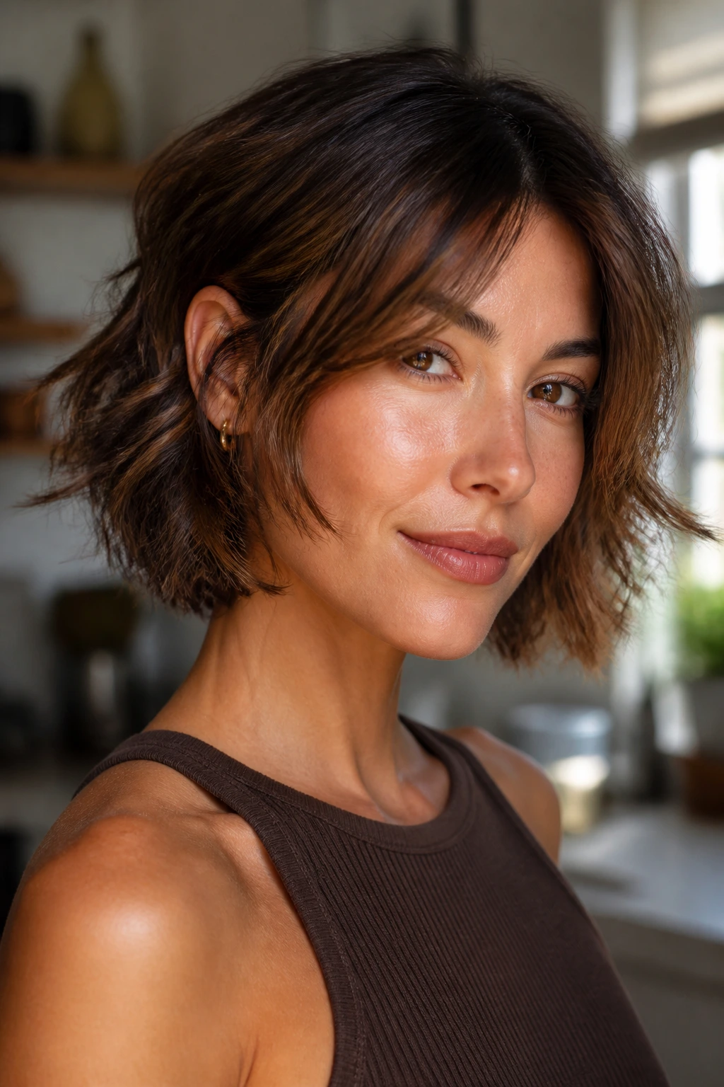 Close-up of a woman with warm brunette shag bob in natural light