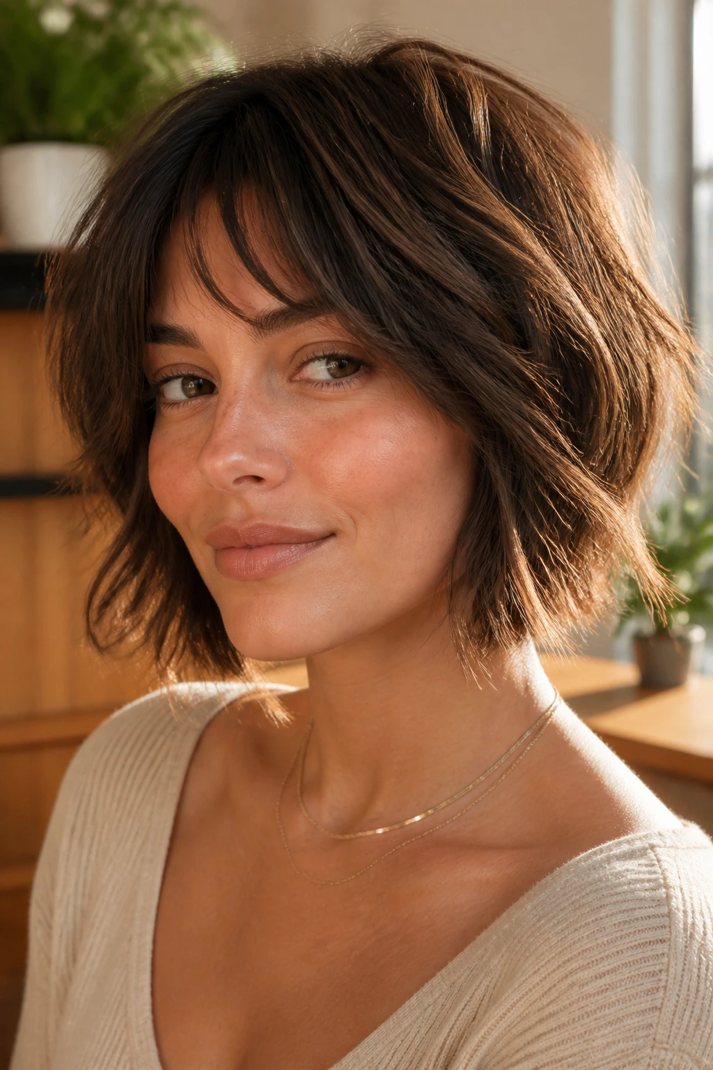 Close-up portrait of a real woman with warm brunette shag bob and layered texture.