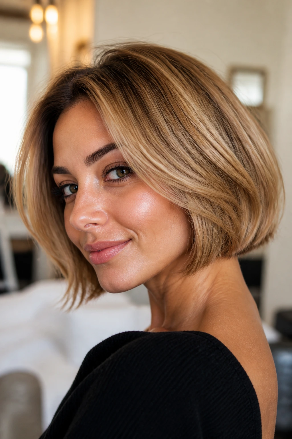 Close-up of a real woman with warm caramel blonde bob in cozy indoor lighting