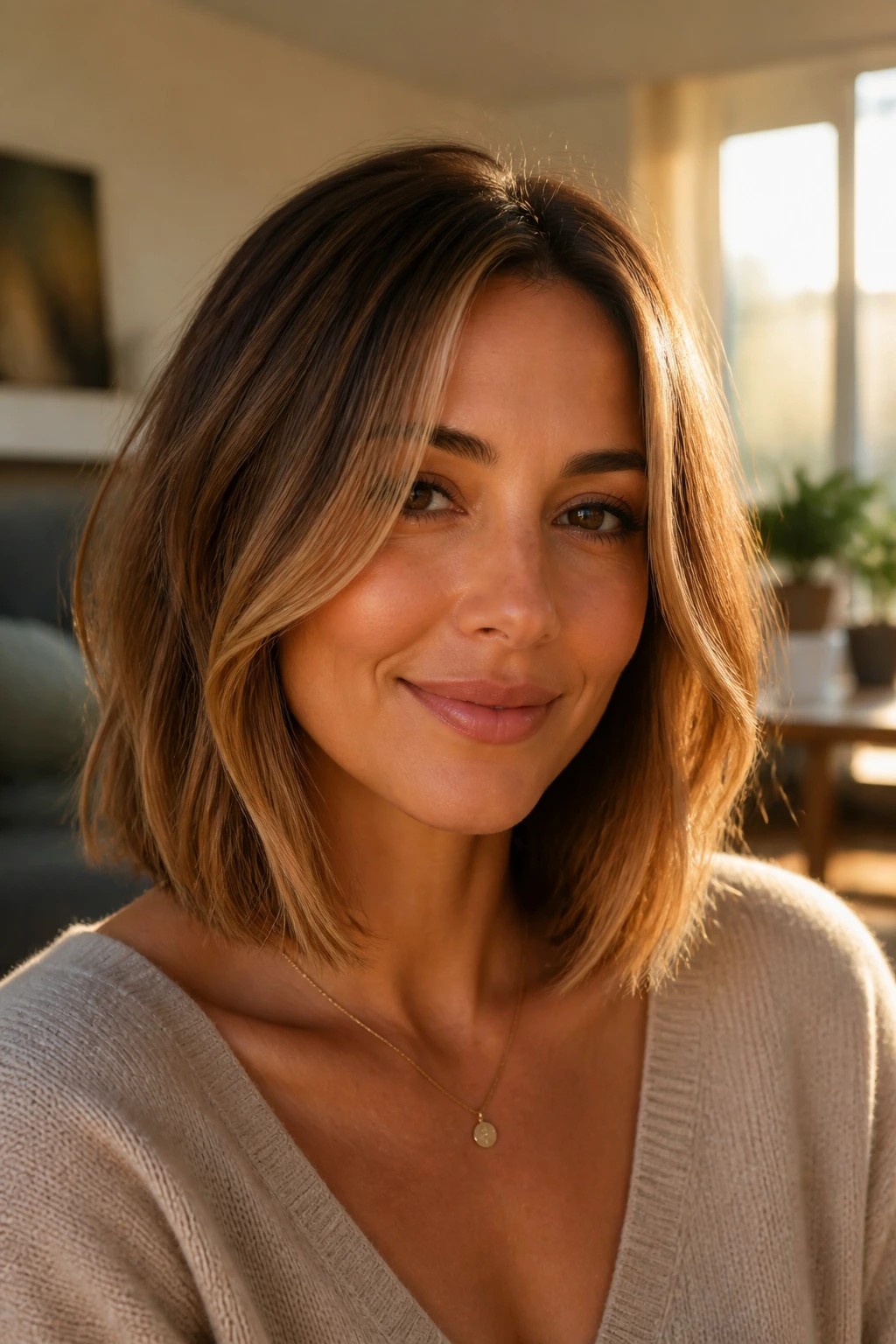 Real woman with warm caramel lob and light face-framing pieces in natural light