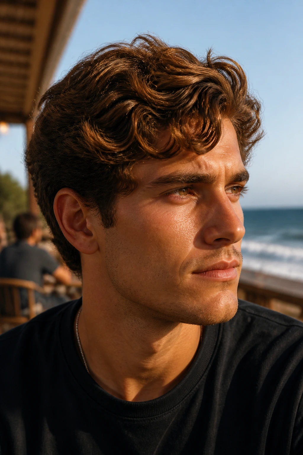 Real man with warm chestnut waves at a seaside cafe