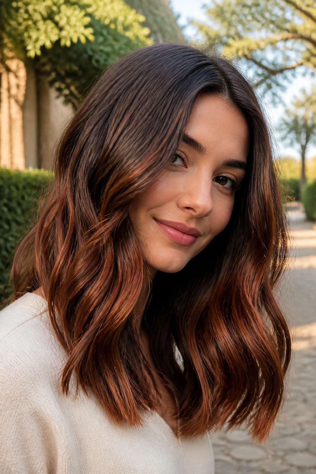 Portrait of brunette with cocoa base and copper thread highlights in long waves