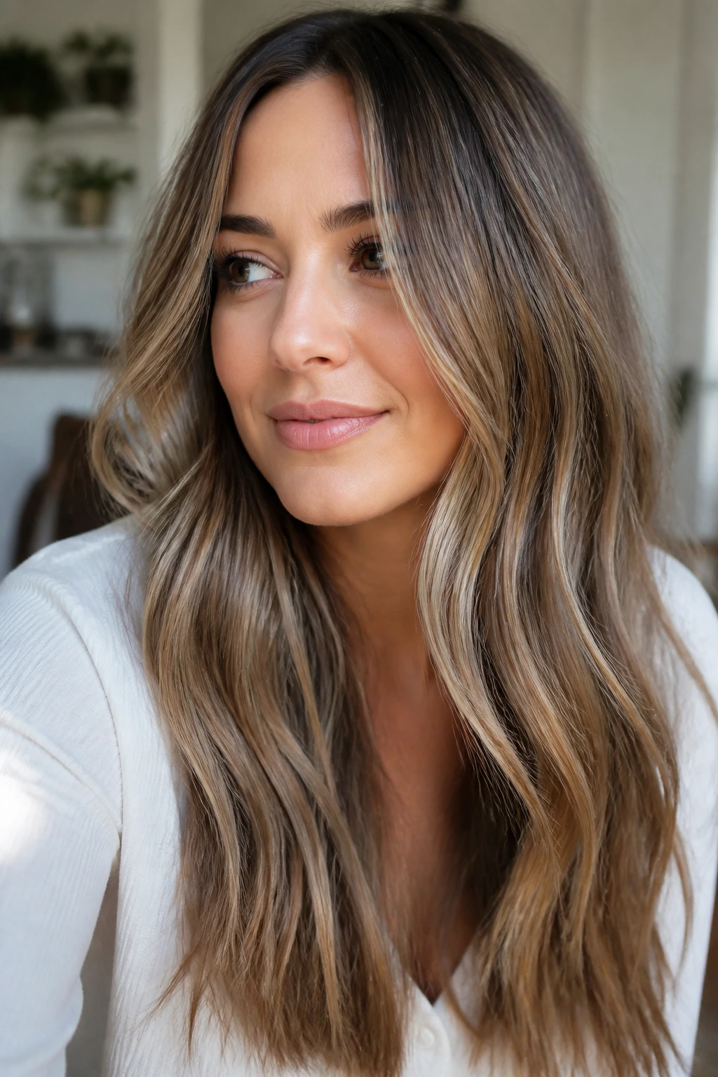 Portrait of a woman with warm, cool, and quiet dark blonde tones in hair