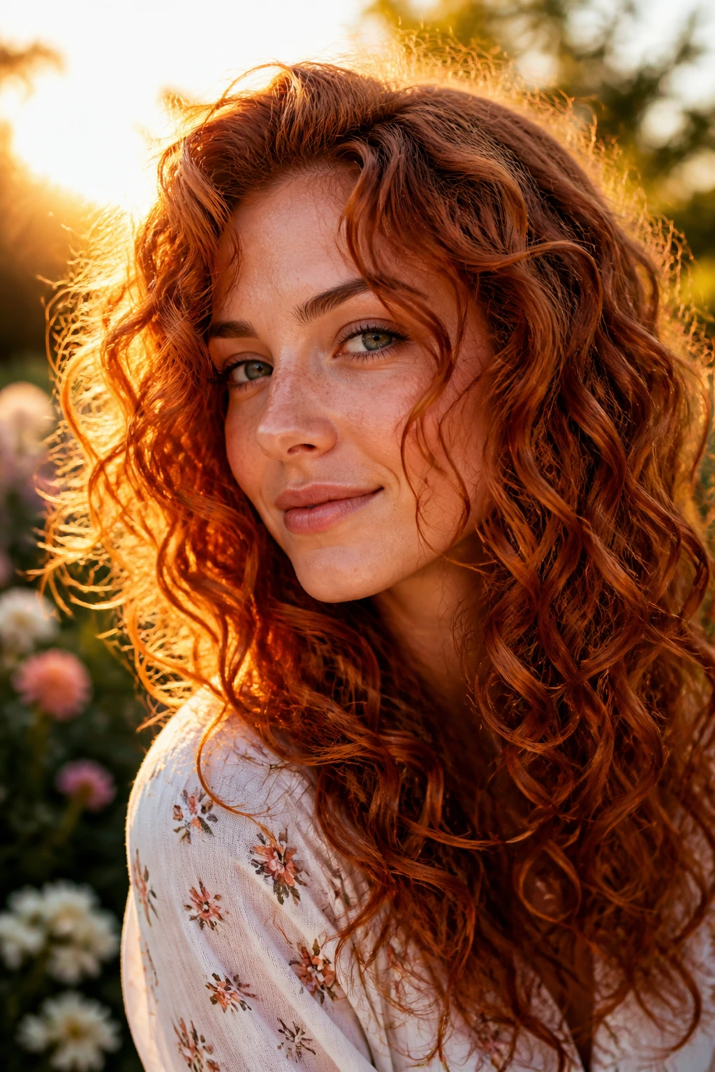 Close-up of a real woman with warm copper curls in golden hour light.