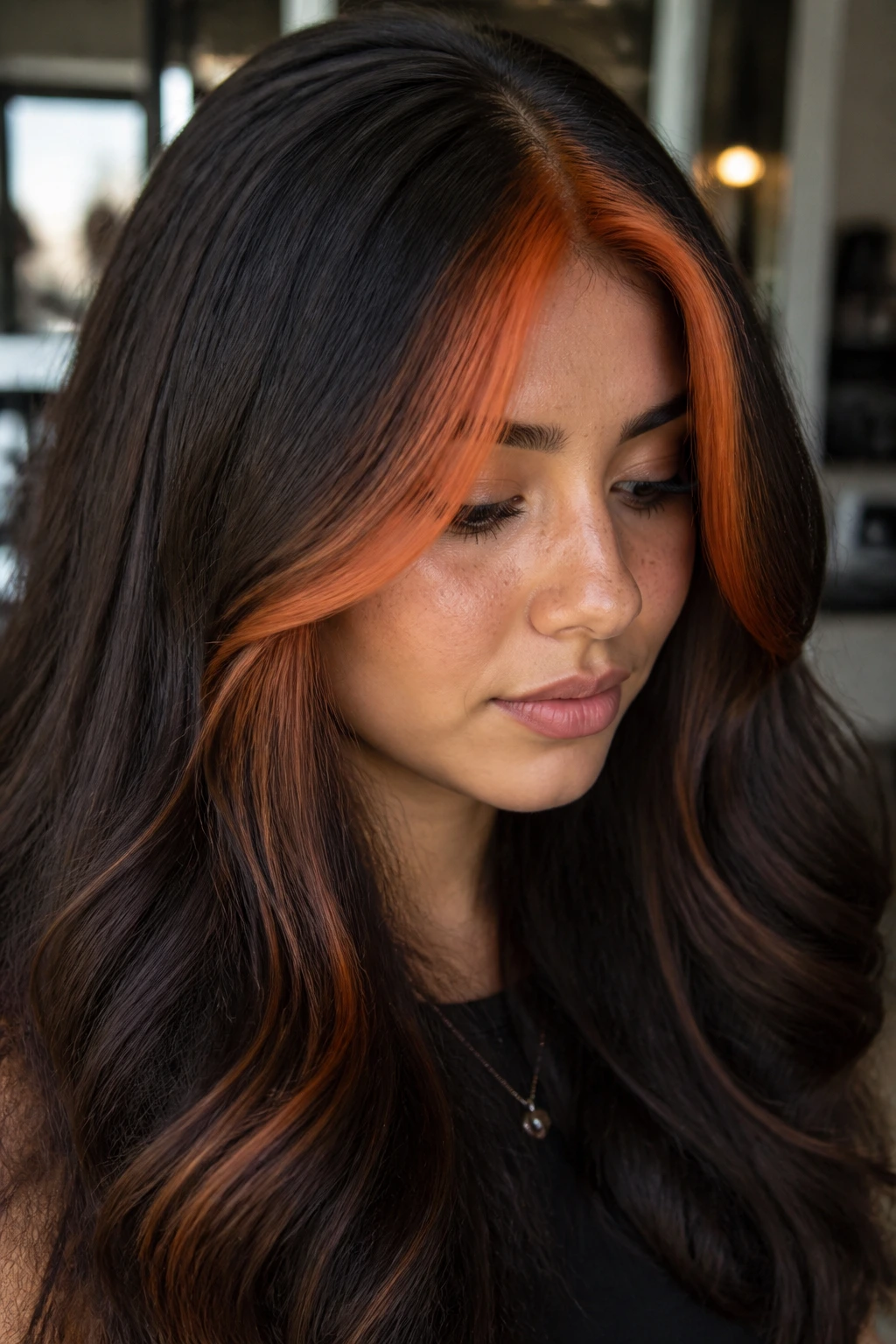 Close-up of thick hair with a warm copper money piece at the hairline