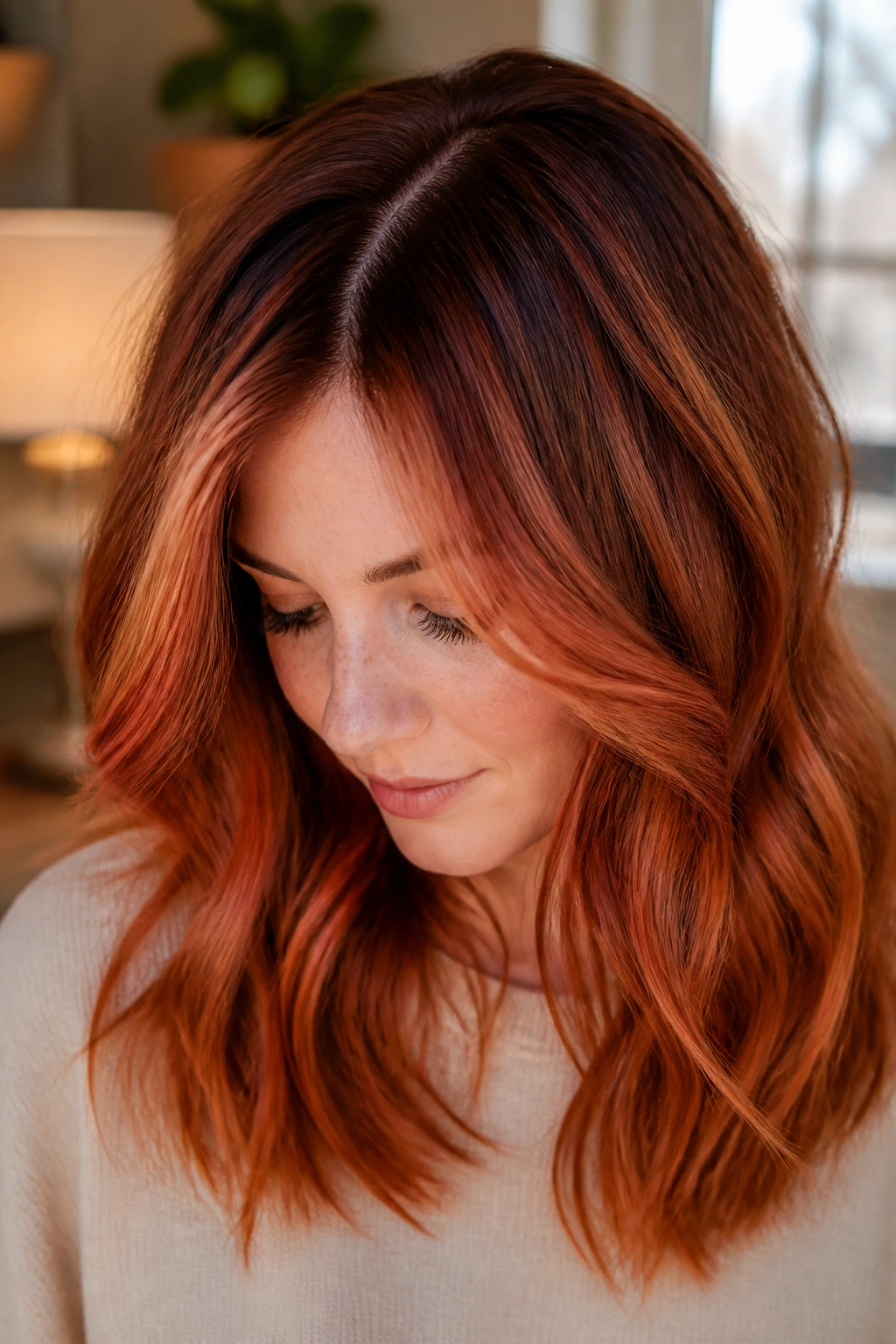 Close-up portrait of a real woman with warm copper root shadow hair.