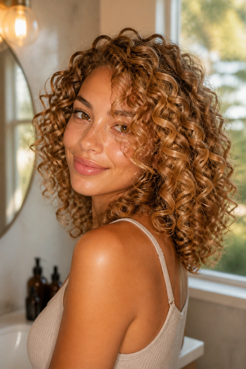 Woman with warm honey curls in a sunlit bathroom showing golden tones