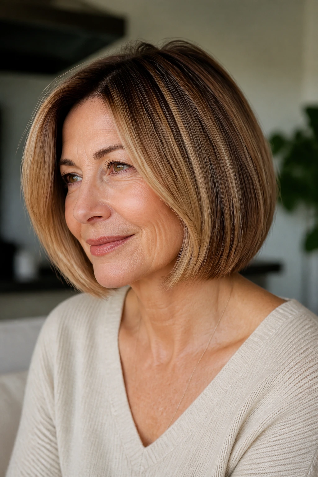 Close-up of a woman with a warm highlighted dimensional bob