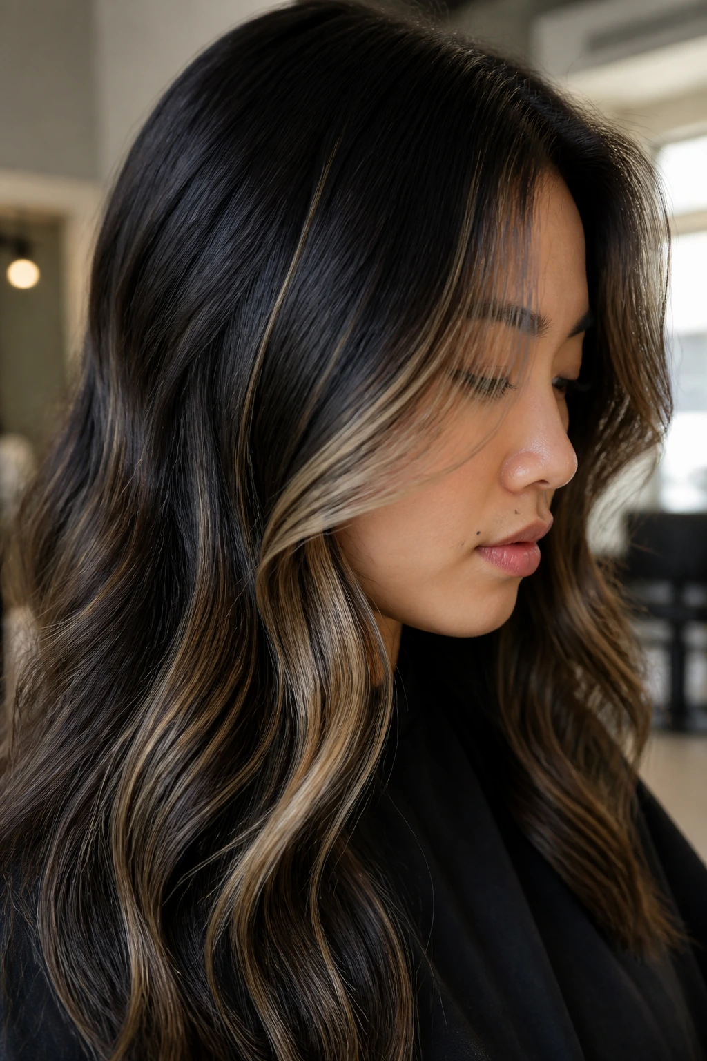 Close-up of dark hair with thin warm honey streaks around the face in natural light.