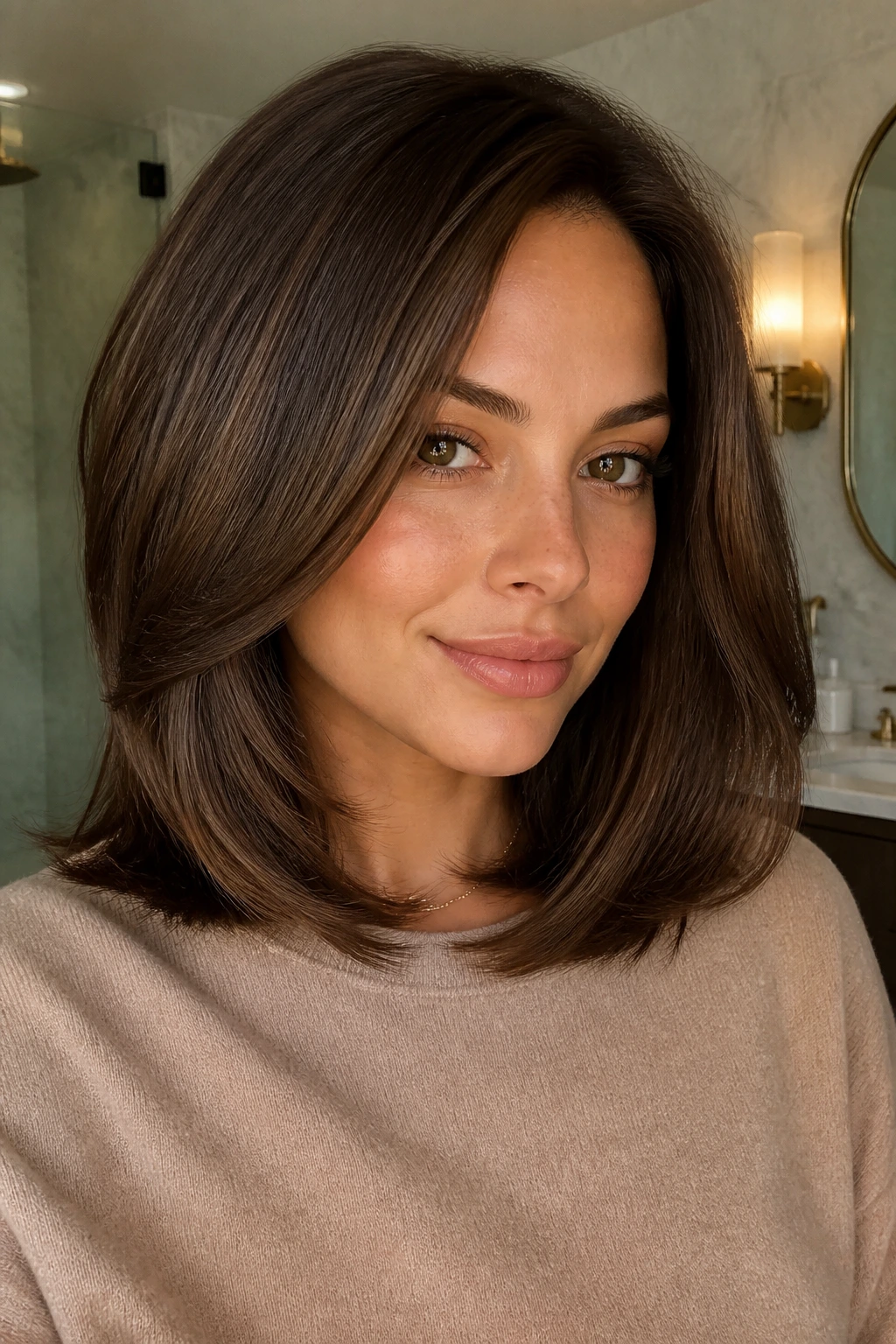 Real woman with warm mocha lob and polished blowout in chic indoor setting.