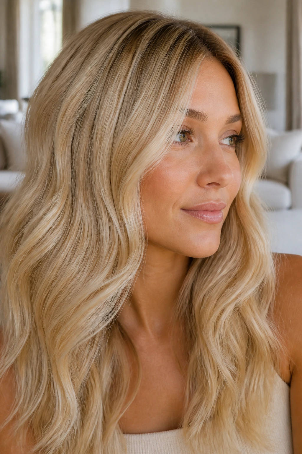 Close-up portrait of a real woman with warm pearl blonde hair in creamy soft light