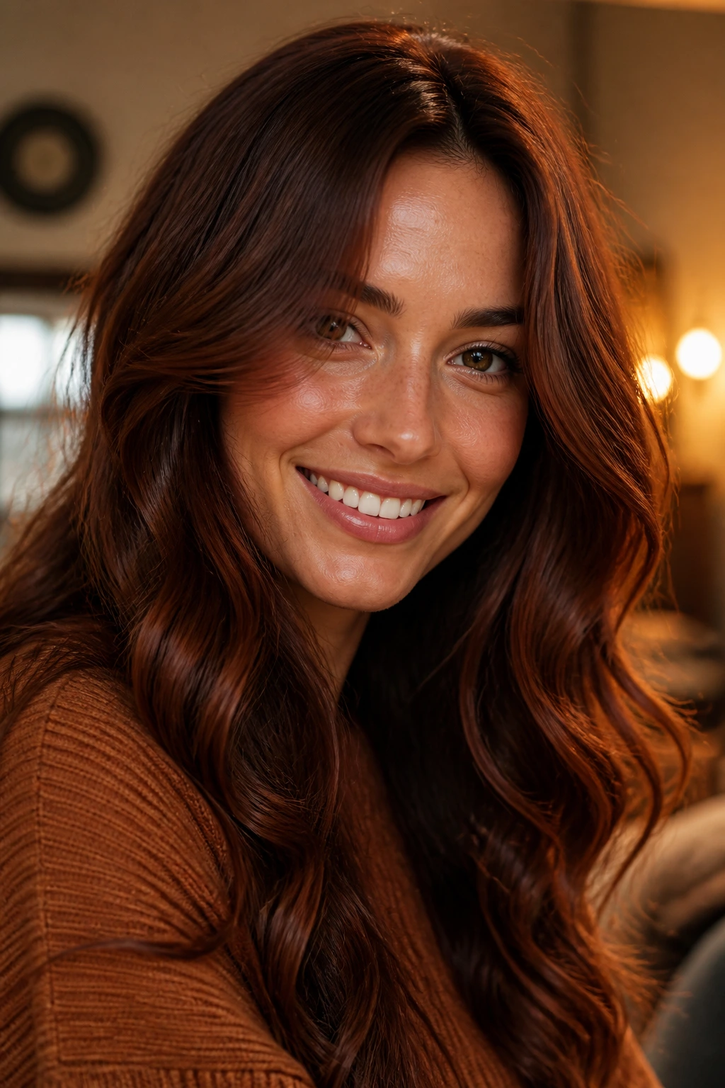 Close-up portrait of a person with warm red-brown hair in soft ambient light