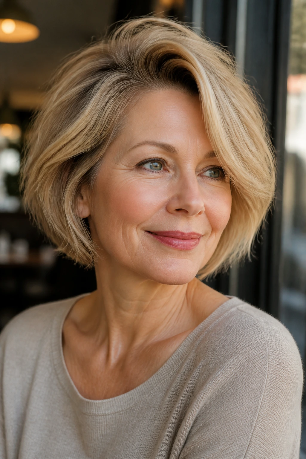 Close-up of a real woman with a warm sand blonde bob and deep side part in natural light.