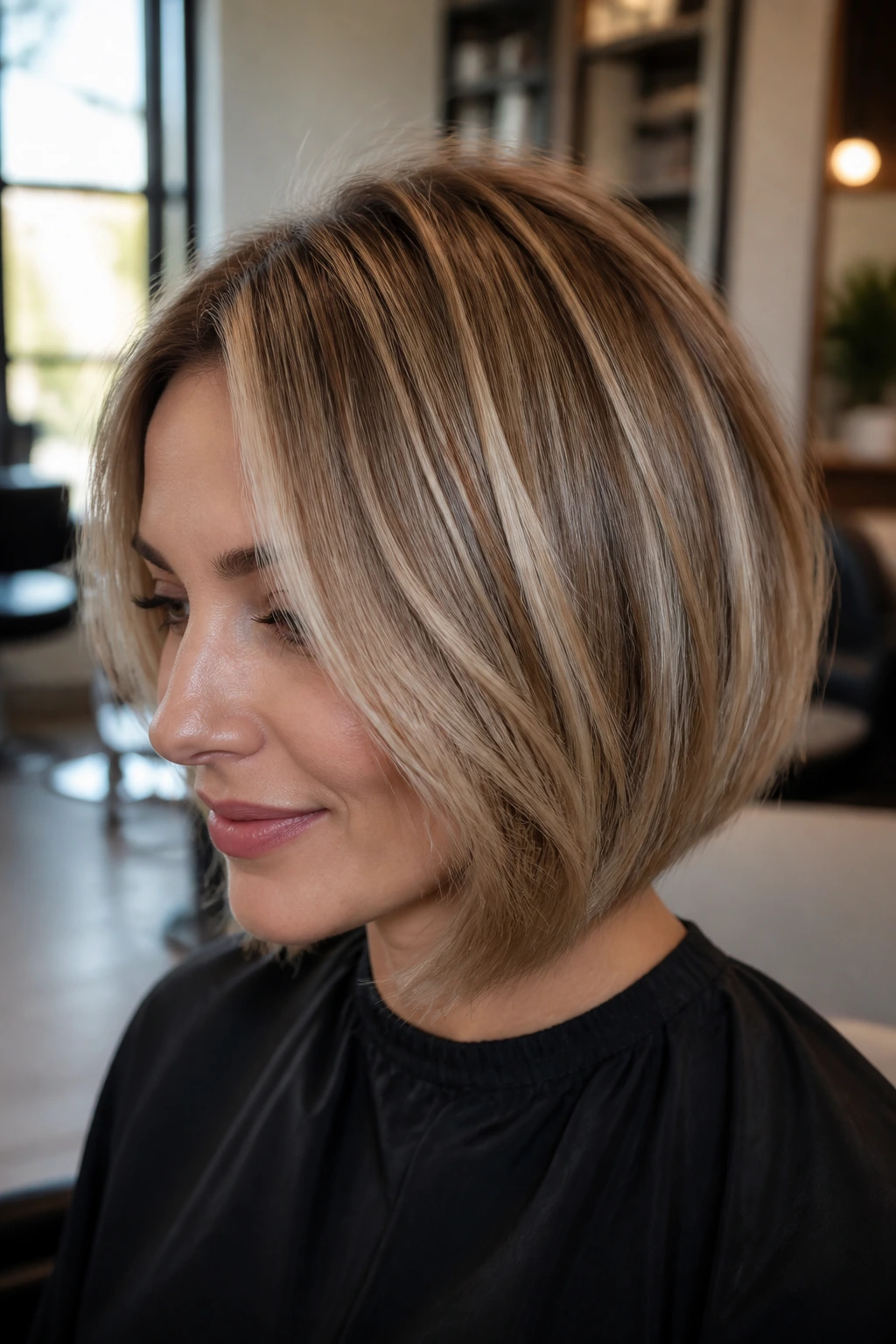 Close-up portrait of a real woman with warm sand foils in a bob haircut