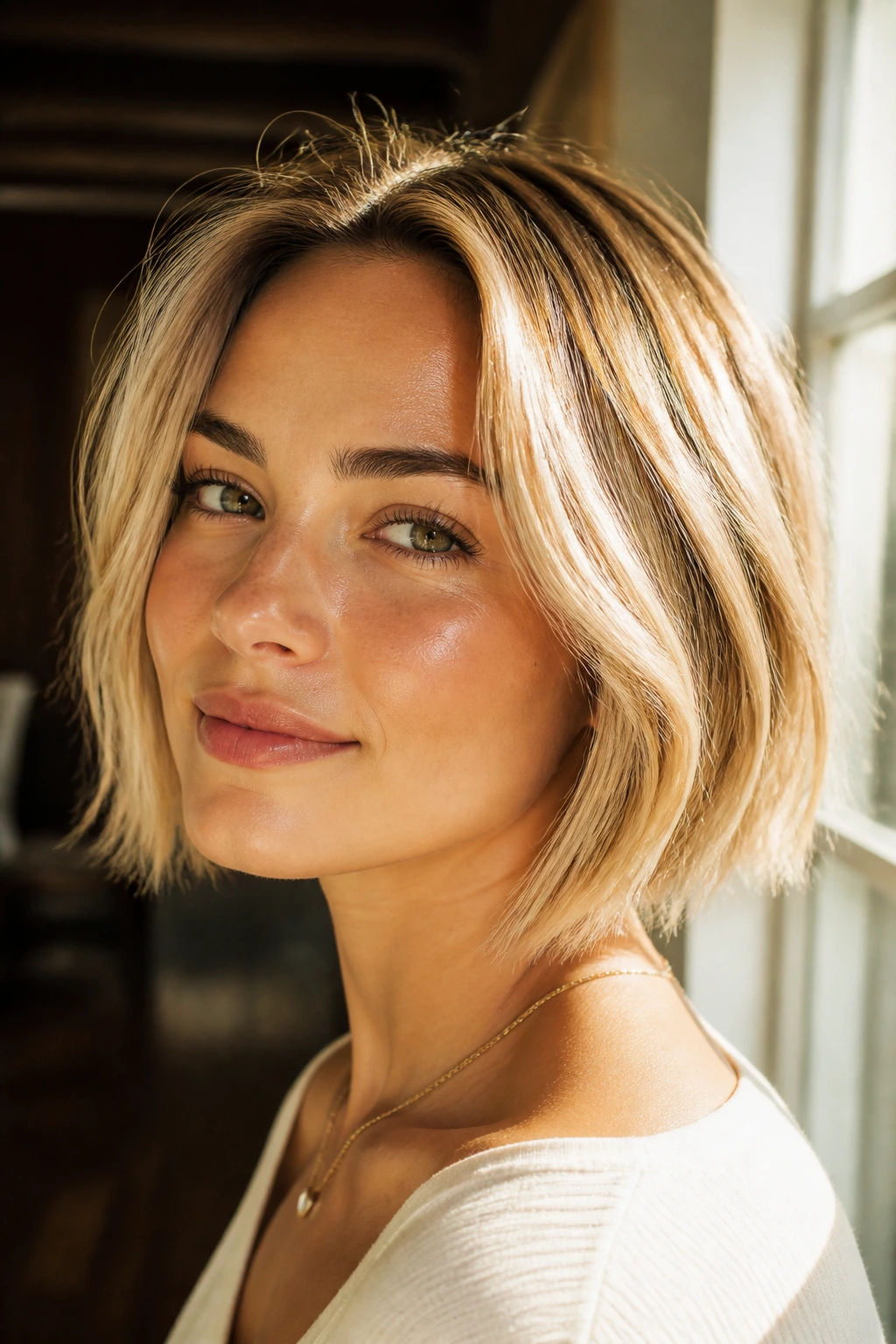 Close-up portrait of a real person with a warm sand money piece on a sunlit blonde bob