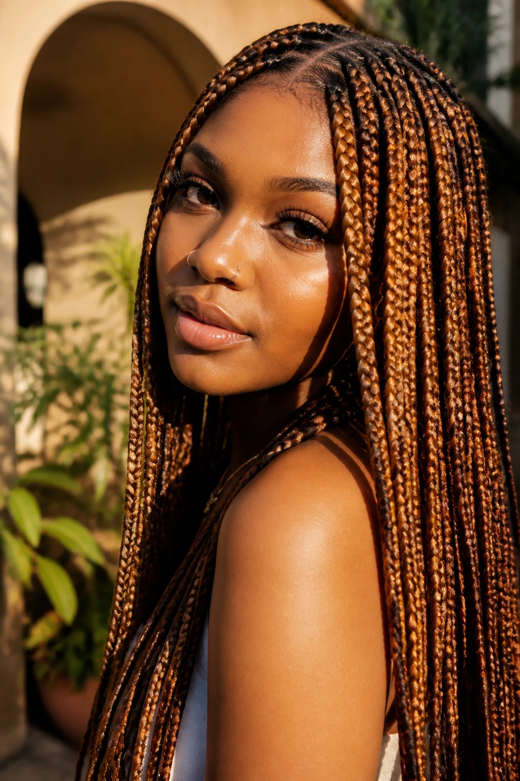 Close-up of a person with warm-toned box braids in honey and copper under sunlit light