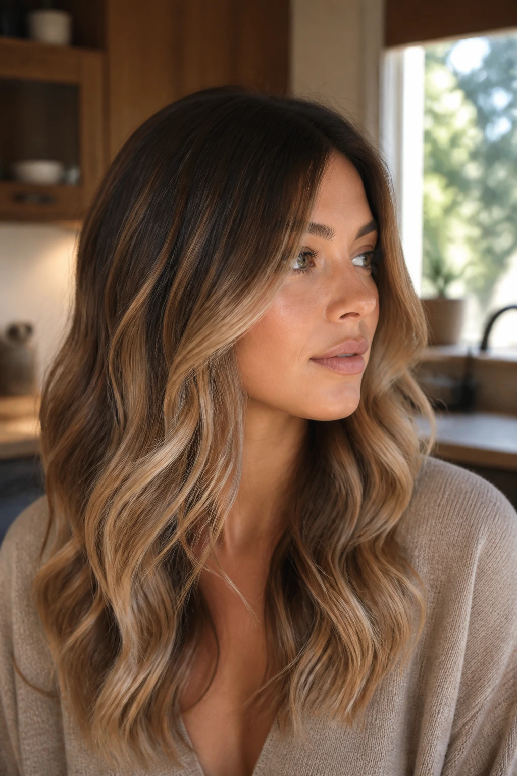 Close-up of warm vanilla balayage on medium brown hair in sunlit kitchen