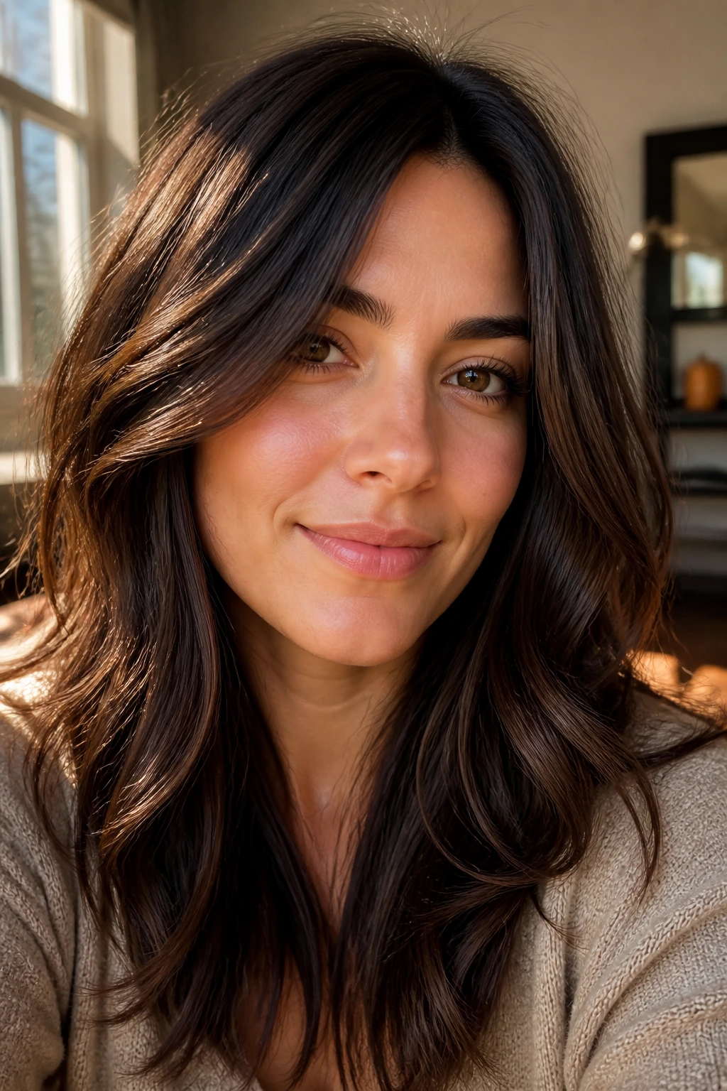 Close-up portrait of a real person with warm walnut brunette hair and soft layers.