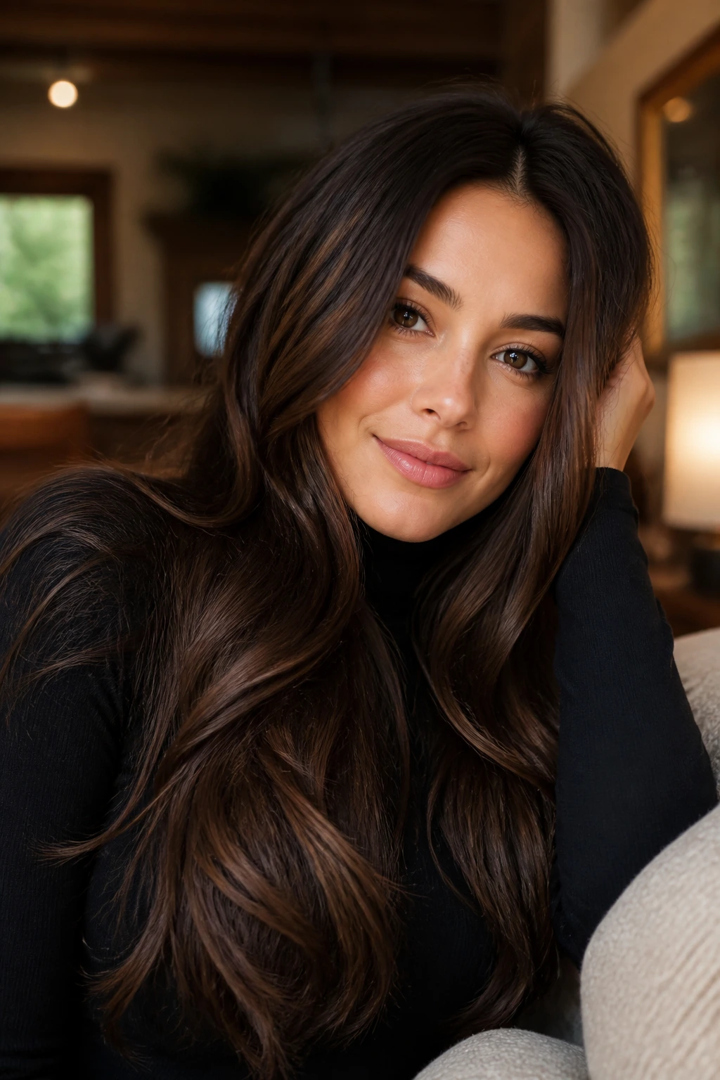 Close-up of a real woman with warm walnut shine brunette color