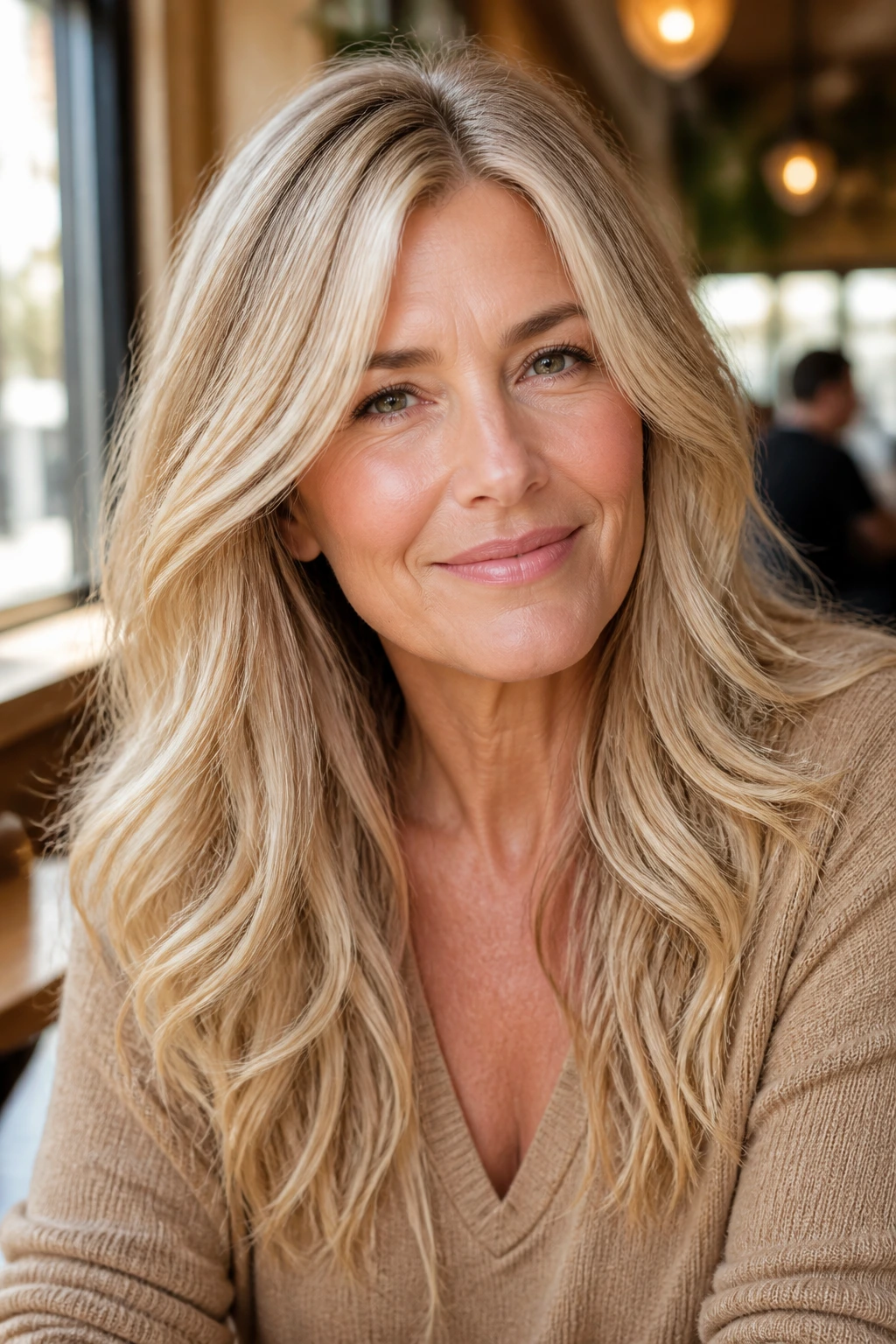 Close-up of a real woman with Warm Wheat Blonde hair in woven mids and soft ends.