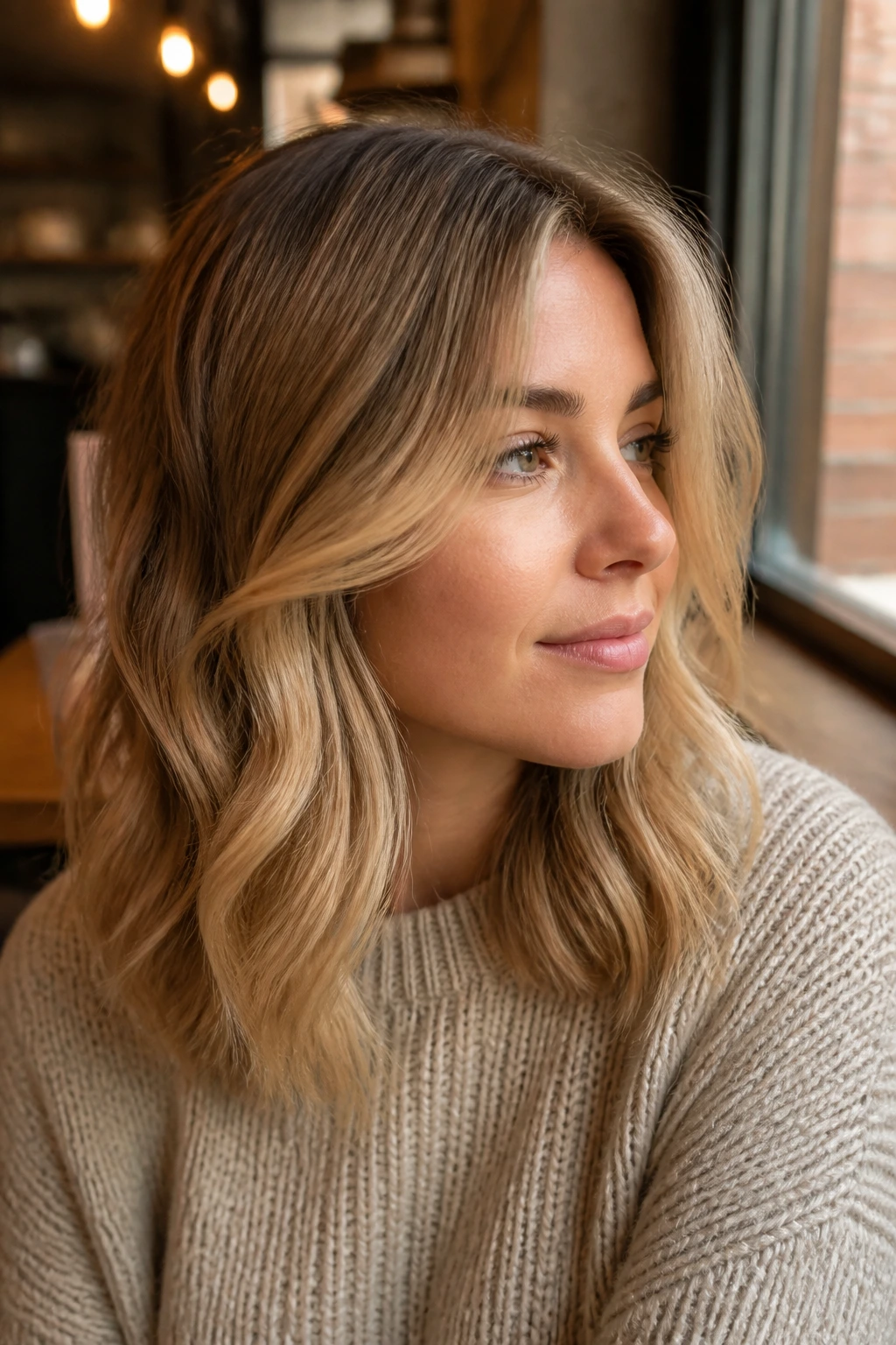 Close-up portrait of a real woman with warm wheat blonde in natural light