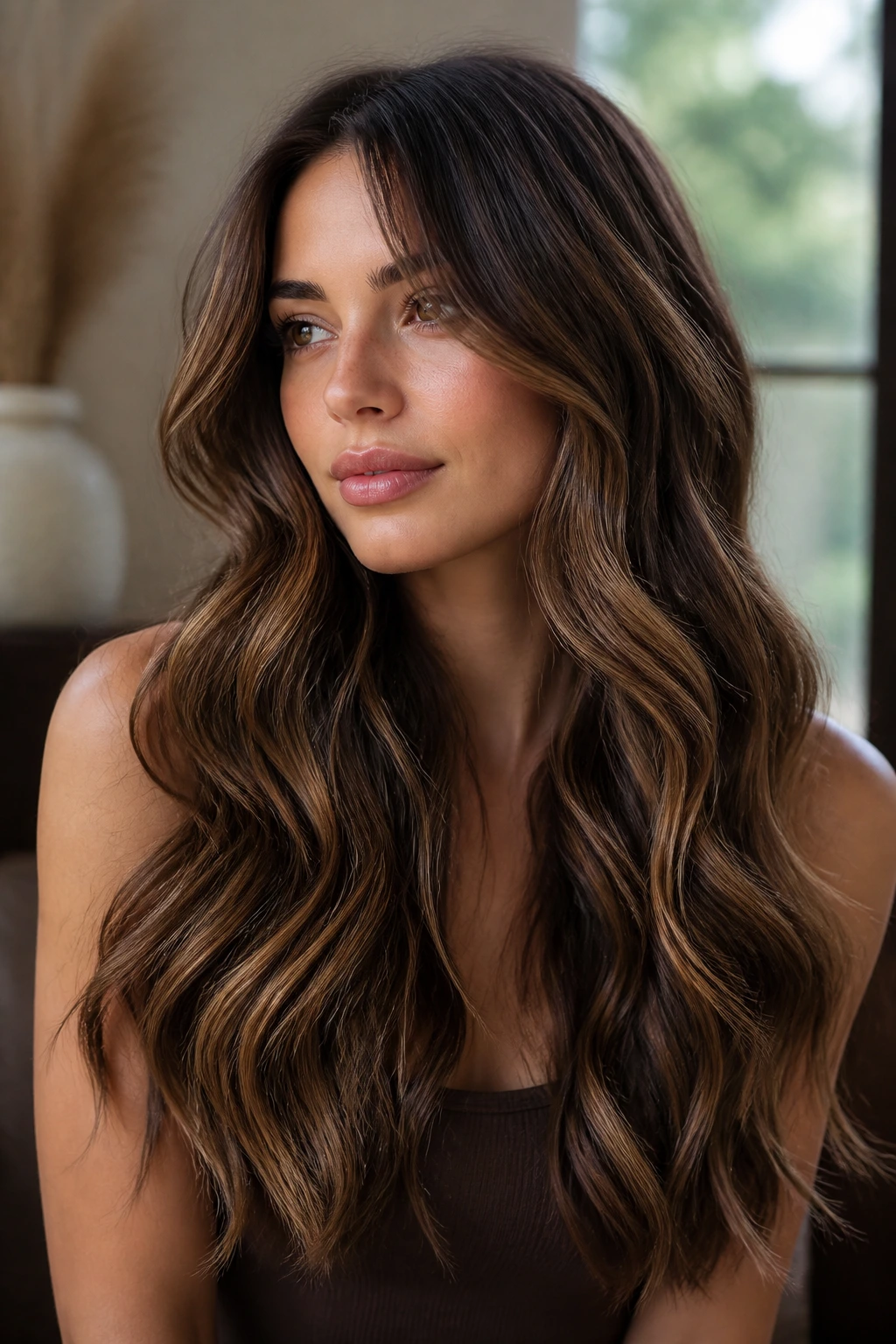 Real person with long wavy brunette hair showing warm, cool, and soft tones