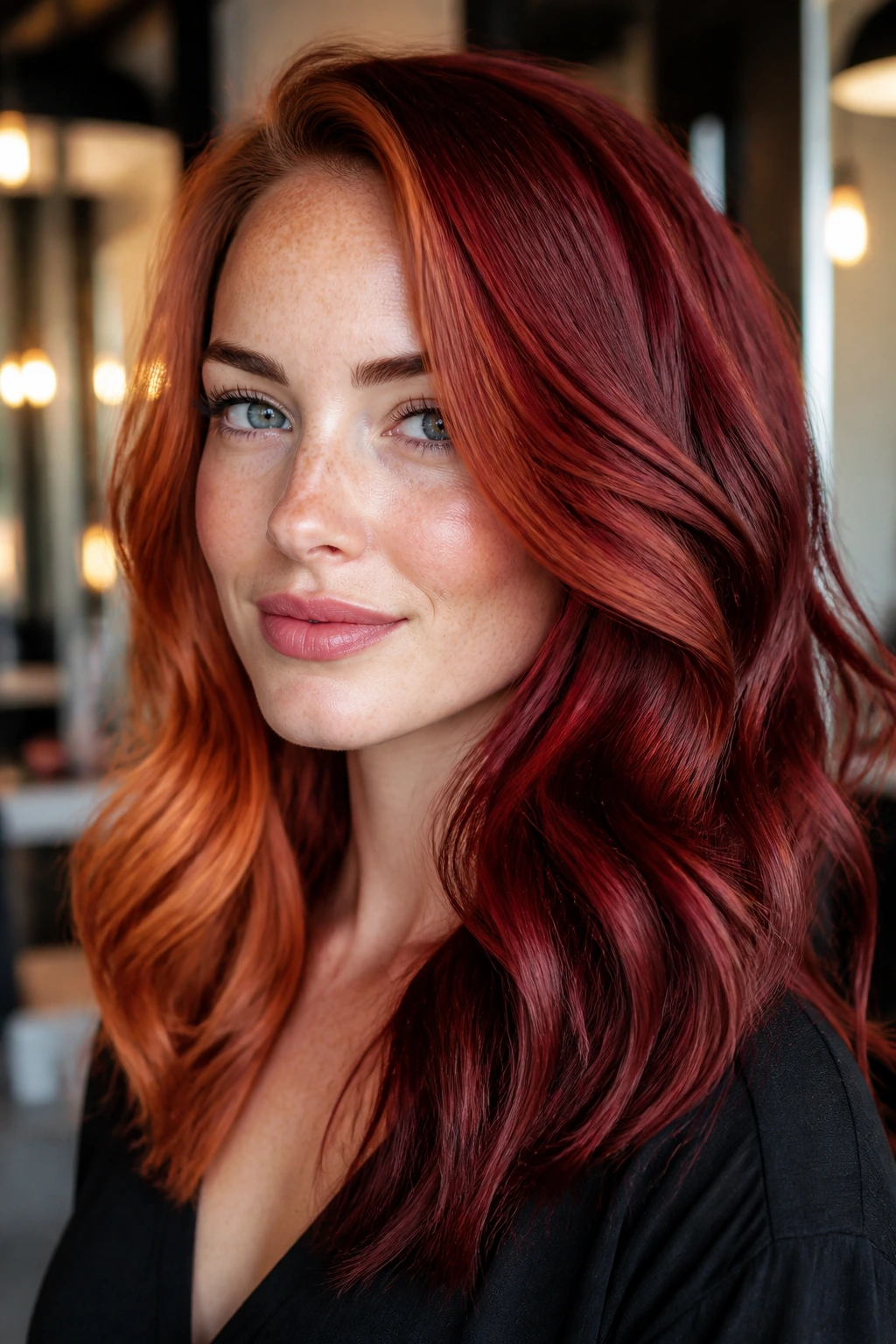 Close-up portrait of warm red hair tones: copper, cherry, auburn, wine