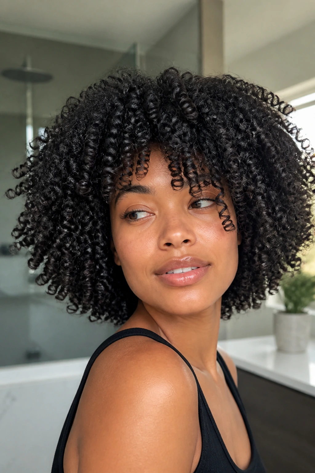 Close-up of a real person with a rounded wash-and-go on 3b curls in a softly lit bathroom