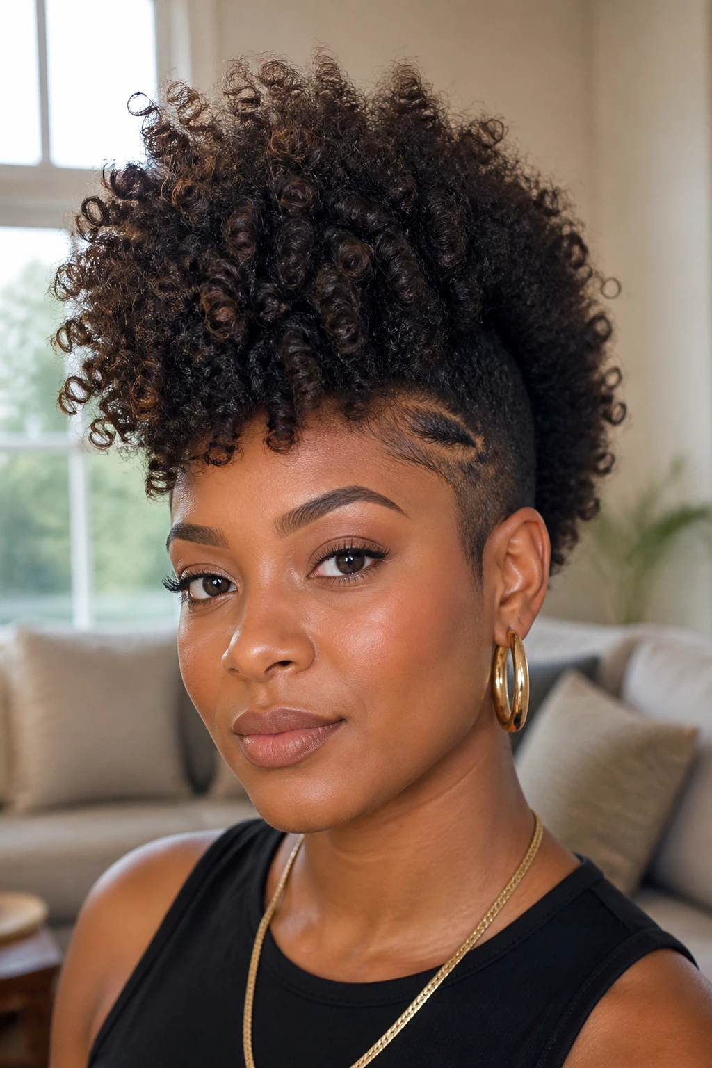 Close-up of Wash-and-Go Afro Hawk on a real Black woman with defined curls