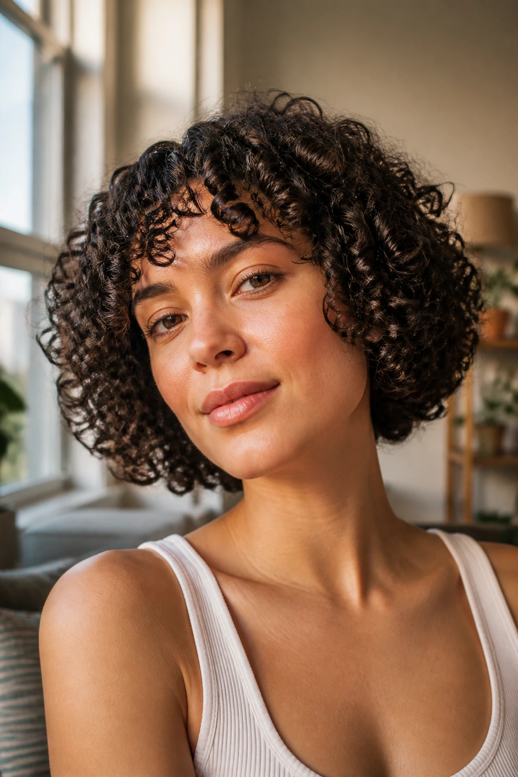 Close-up portrait of a real woman with a wash-and-go bob showing natural curls after air-drying