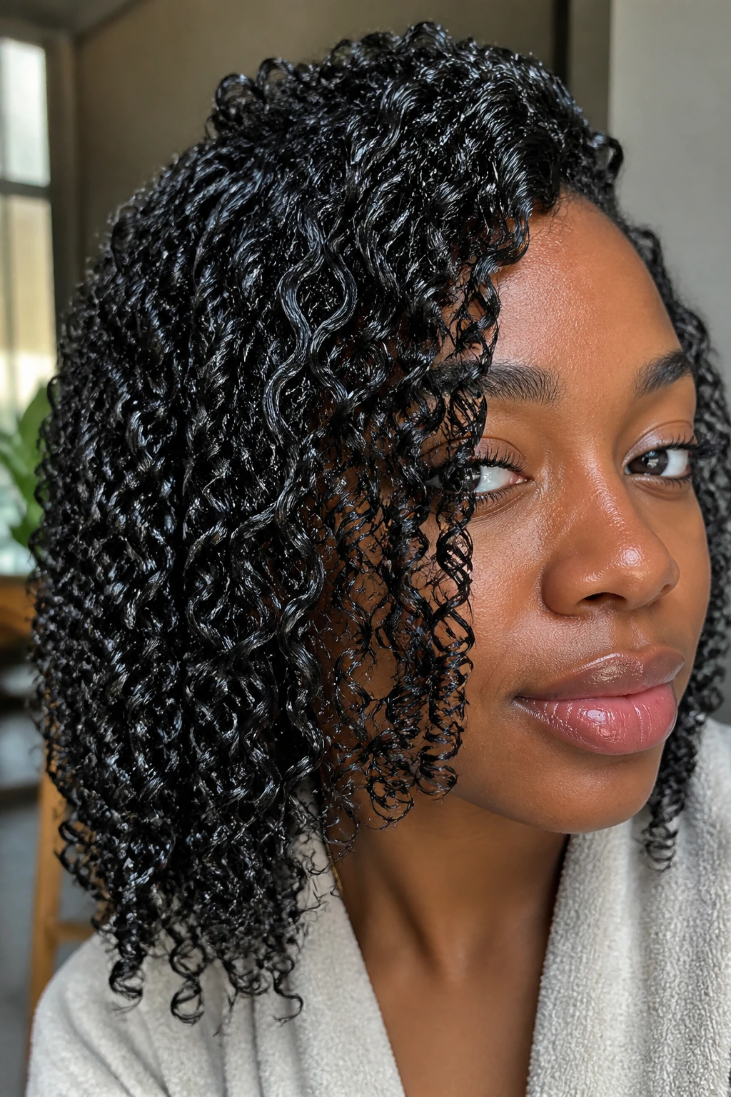 Close-up of Black woman's wash-and-go curls defined by brushing under natural light