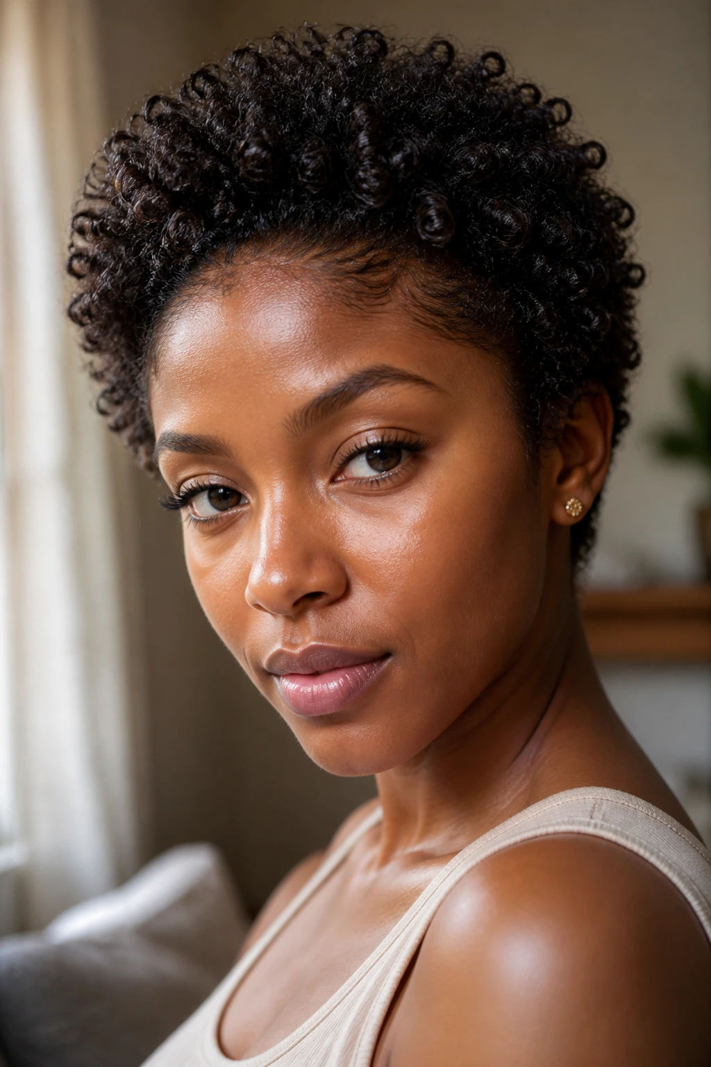 Close-up of a Black woman with a wash-and-go coil crop