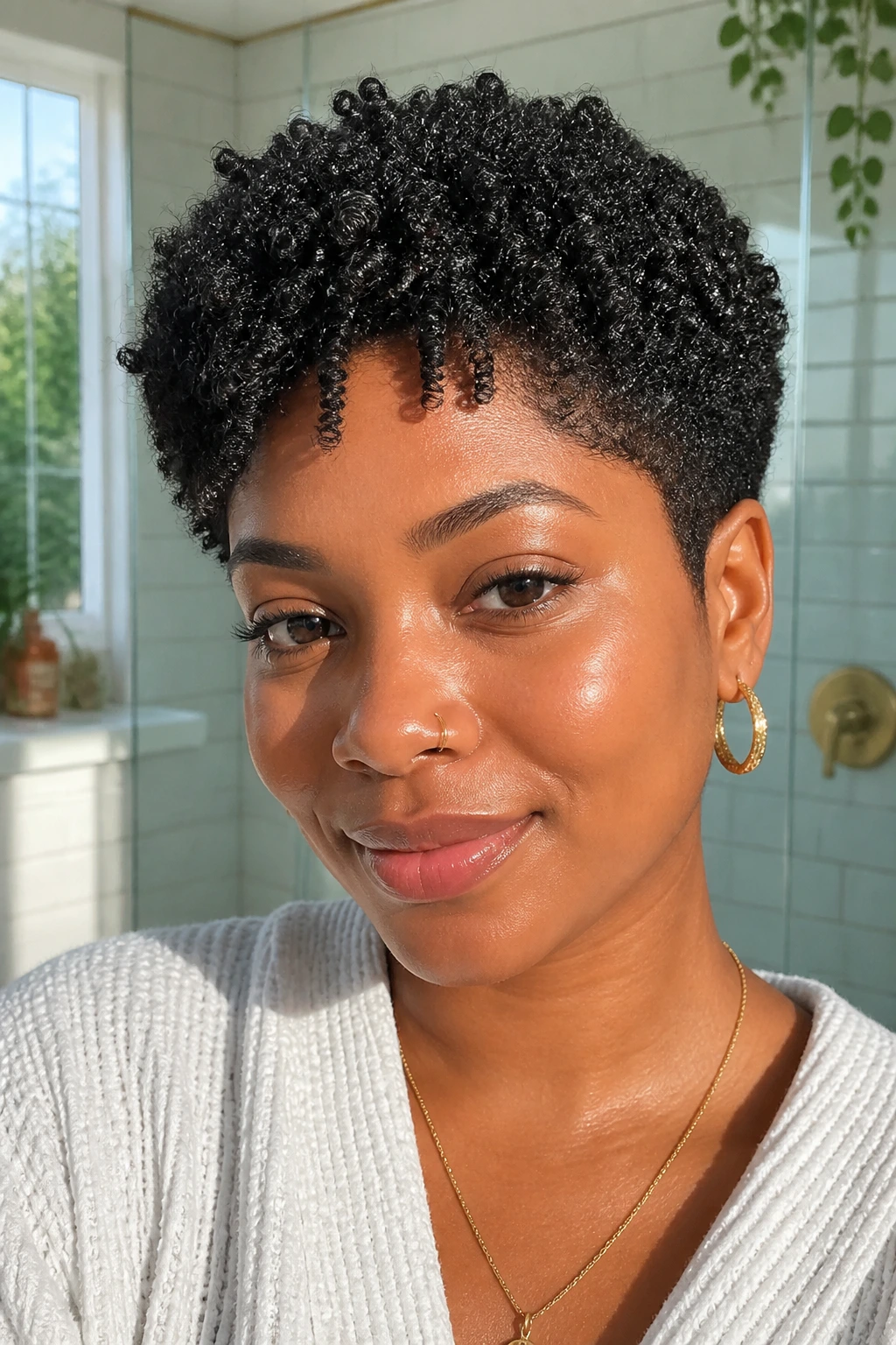 Close-up of wash-and-go coil cut showing natural coils on head