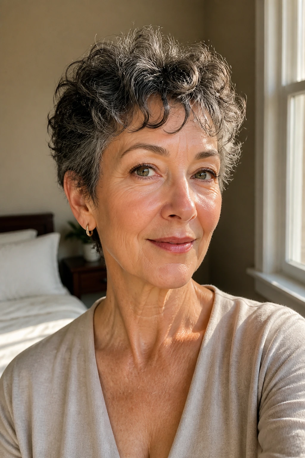 Close-up portrait of a real woman with a wash-and-go crop showing natural texture and soft waves in window-light room