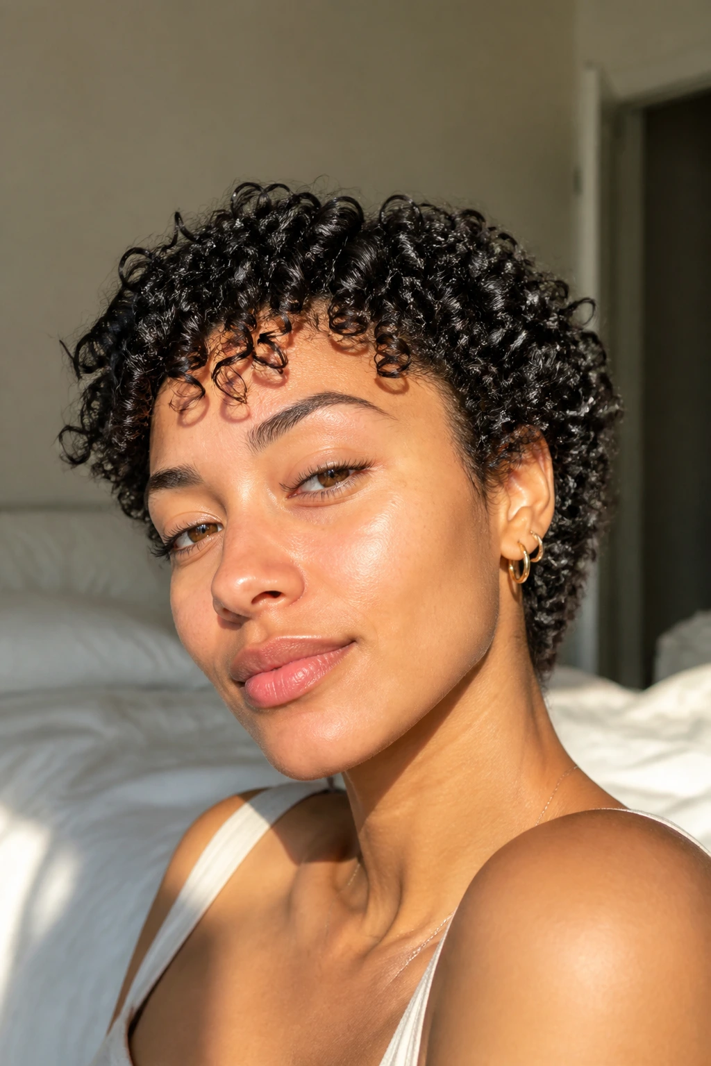 Portrait of a woman with a wash-and-go crop showing defined curl clumps